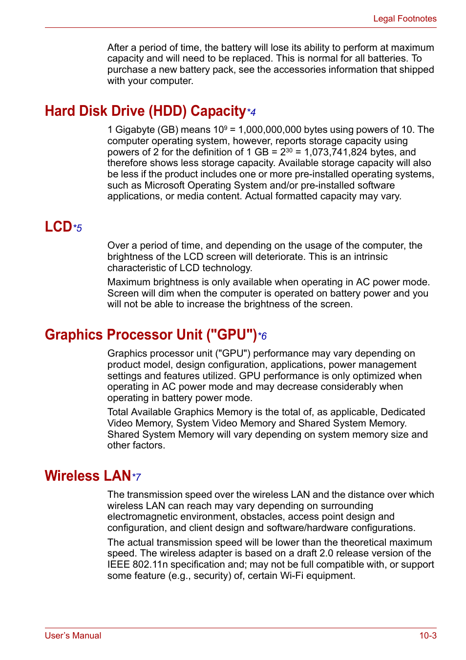 Hard disk drive (hdd) capacity*4, Lcd*5, Graphics processor unit ("gpu")*6 | Wireless lan*7, Hard disk drive (hdd) capacity, Graphics processor unit ("gpu"), Wireless lan, Disk drive (hdd) capacity), Legal footnote (lcd), Hard disk drive (hdd) capacit y | Toshiba Qosmio X300 User Manual | Page 186 / 220