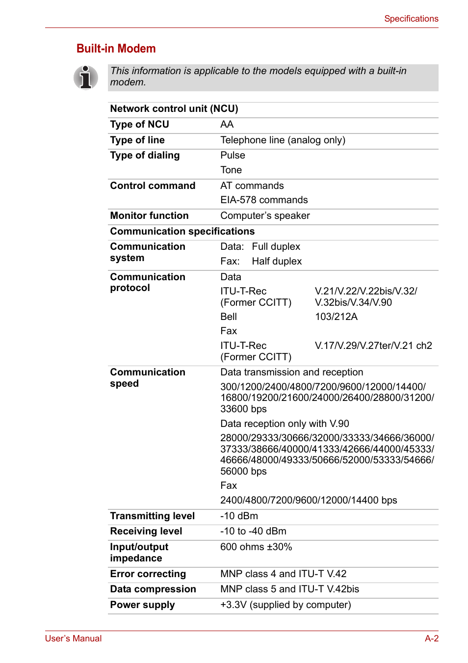 Built-in modem | Toshiba Qosmio X300 User Manual | Page 189 / 220