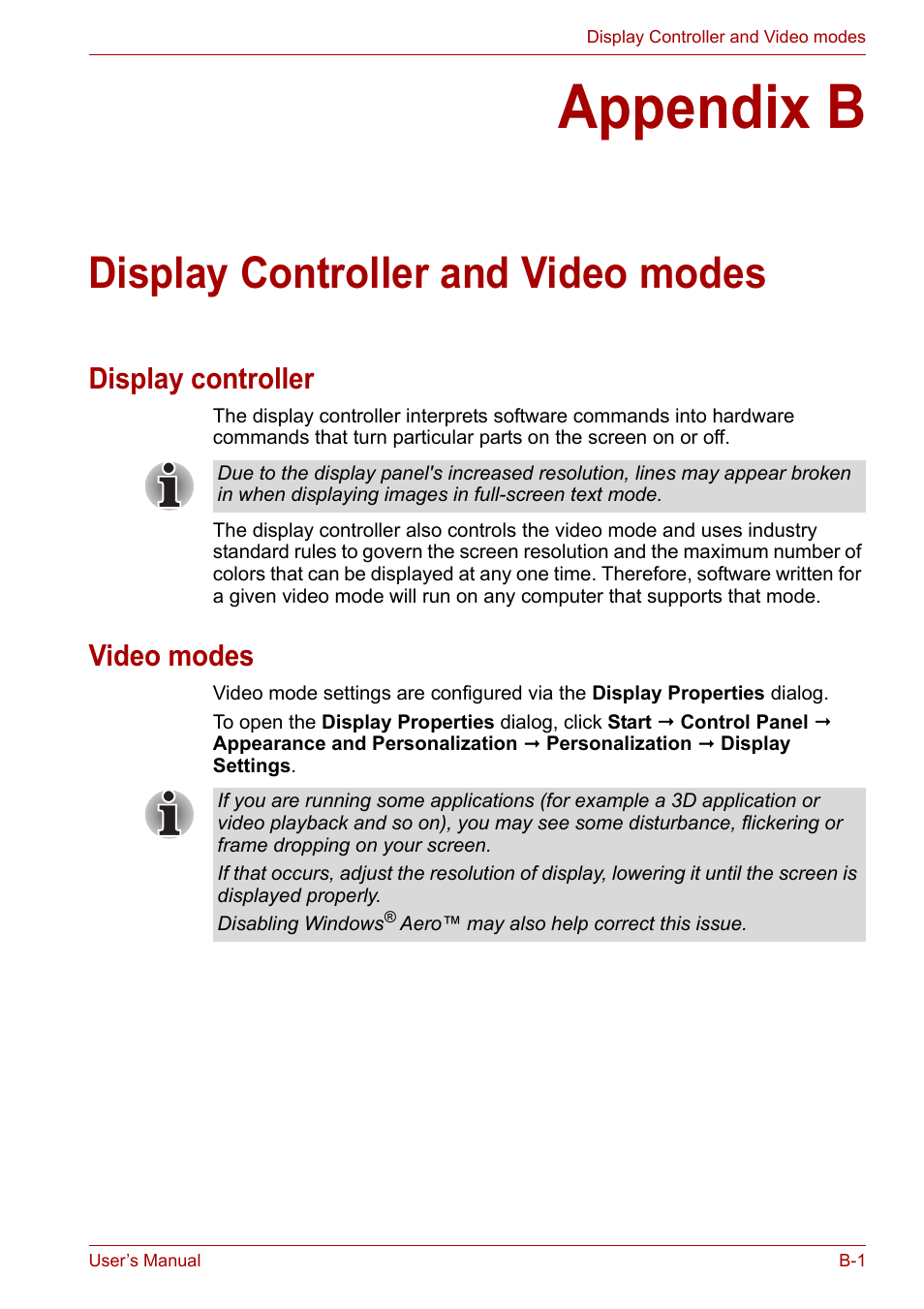 Appendix b: display controller and video modes, Display controller, Video modes | Appendix b, Display controller and video modes, Display controller and, To the, Display, Controller and video modes | Toshiba Qosmio X300 User Manual | Page 190 / 220