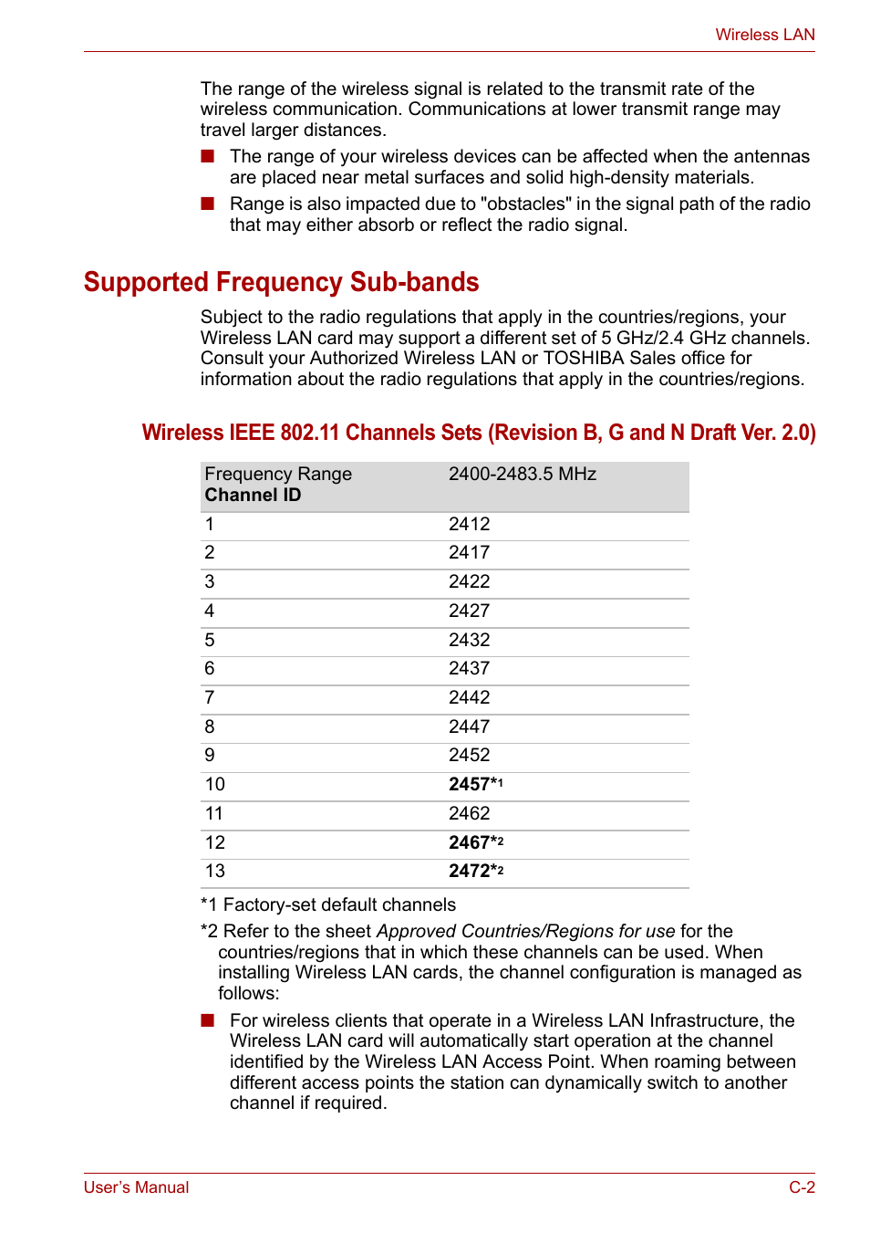 Supported frequency sub-bands | Toshiba Qosmio X300 User Manual | Page 192 / 220