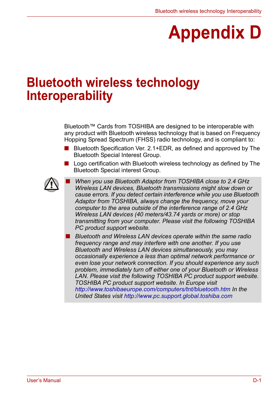 Appendix d, Bluetooth wireless technology interoperability | Toshiba Qosmio X300 User Manual | Page 195 / 220