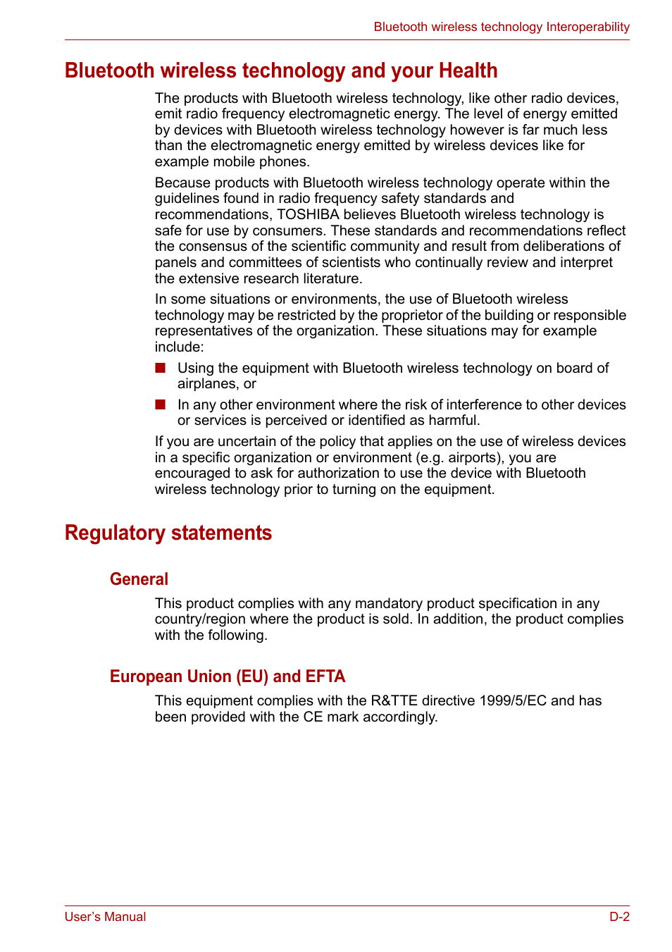 Bluetooth wireless technology and your health, Regulatory statements | Toshiba Qosmio X300 User Manual | Page 196 / 220