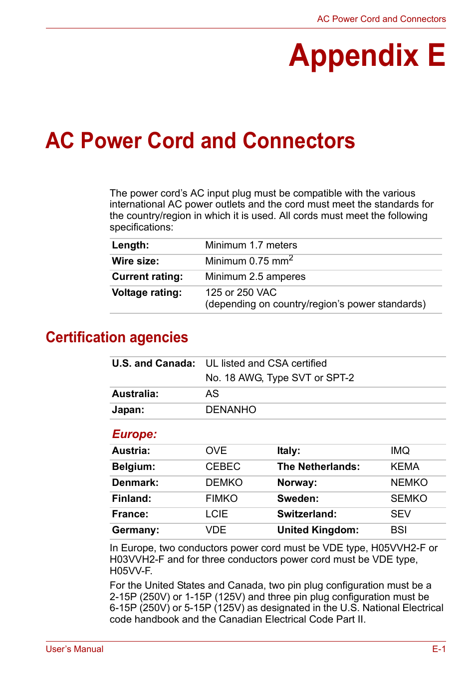 Appendix e: ac power cord and connectors, Certification agencies, Appendix e | Ac power cord and connectors | Toshiba Qosmio X300 User Manual | Page 197 / 220