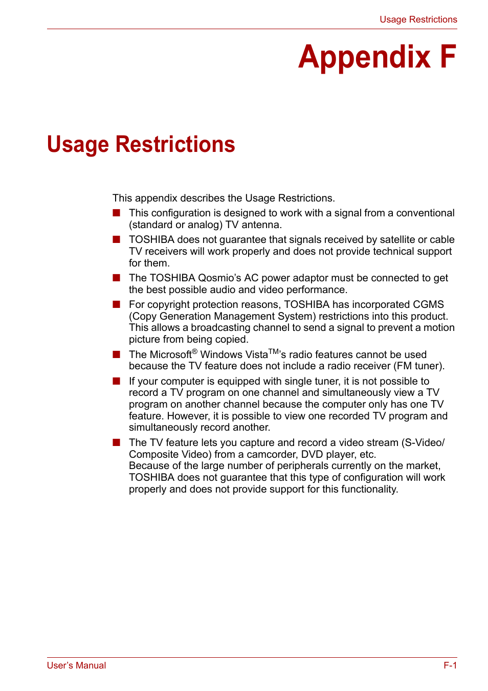 Appendix e: usage restrictions, Appendix f, Usage restrictions | Toshiba Qosmio X300 User Manual | Page 199 / 220
