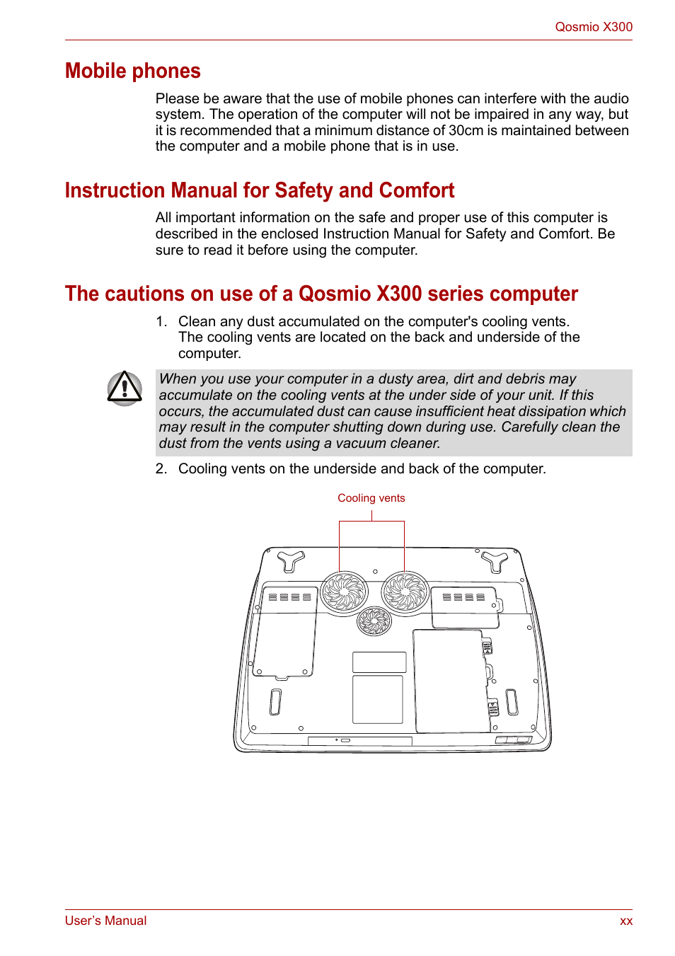 Mobile phones, Instruction manual for safety and comfort | Toshiba Qosmio X300 User Manual | Page 20 / 220