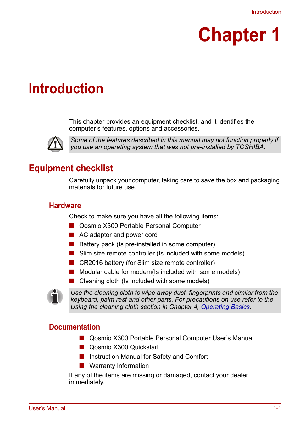 Chapter 1: introduction, Equipment checklist, Chapter 1 | Introduction, Equipment checklist -1 | Toshiba Qosmio X300 User Manual | Page 22 / 220