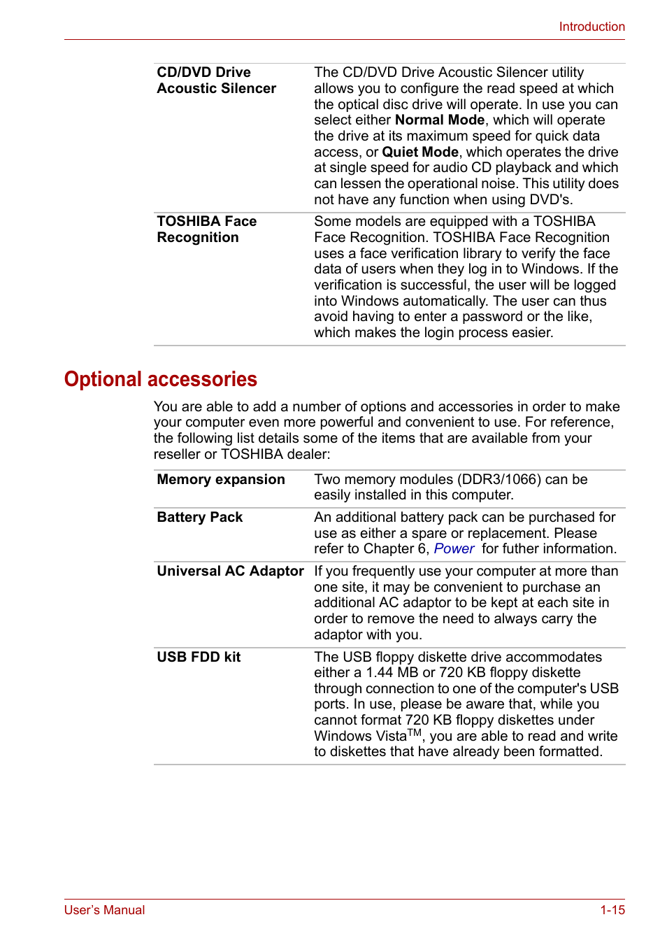 Optional accessories, Optional accessories -15 | Toshiba Qosmio X300 User Manual | Page 36 / 220