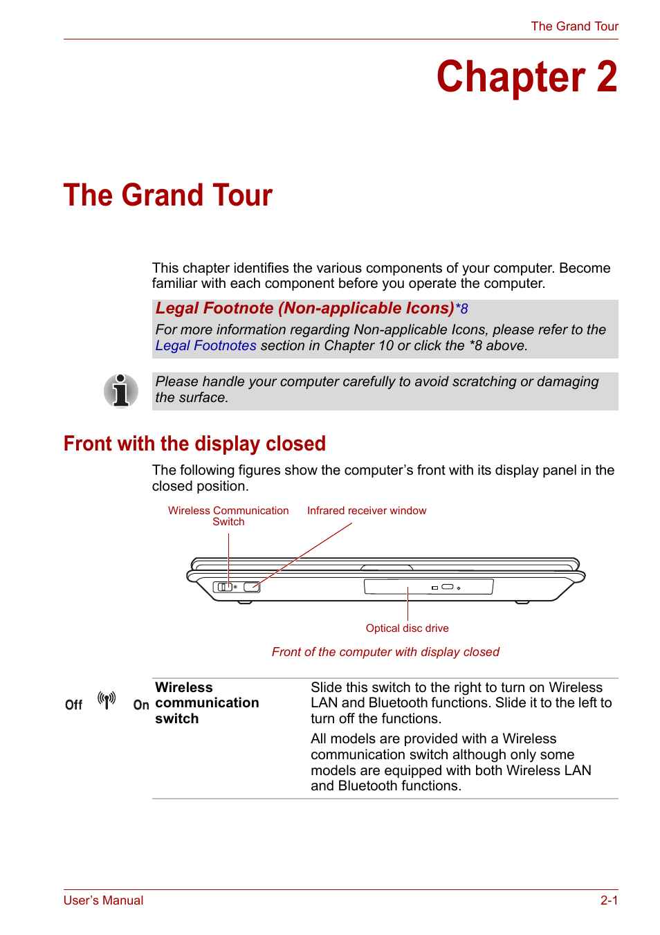 Chapter 2: the grand tour, Front with the display closed, Chapter 2 | The grand tour, Front with the display closed -1, Ter 2, Apter 2, The grand, Tour | Toshiba Qosmio X300 User Manual | Page 37 / 220