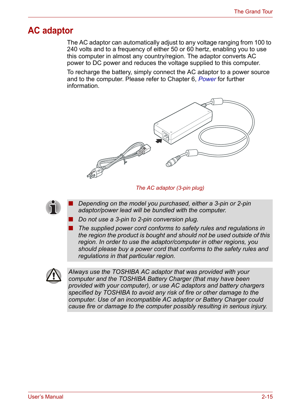 Ac adaptor, Ac adaptor -15 | Toshiba Qosmio X300 User Manual | Page 51 / 220