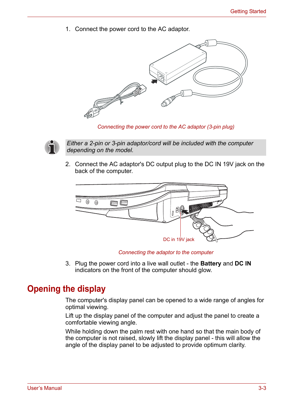 Opening the display, Opening the display -3 | Toshiba Qosmio X300 User Manual | Page 54 / 220