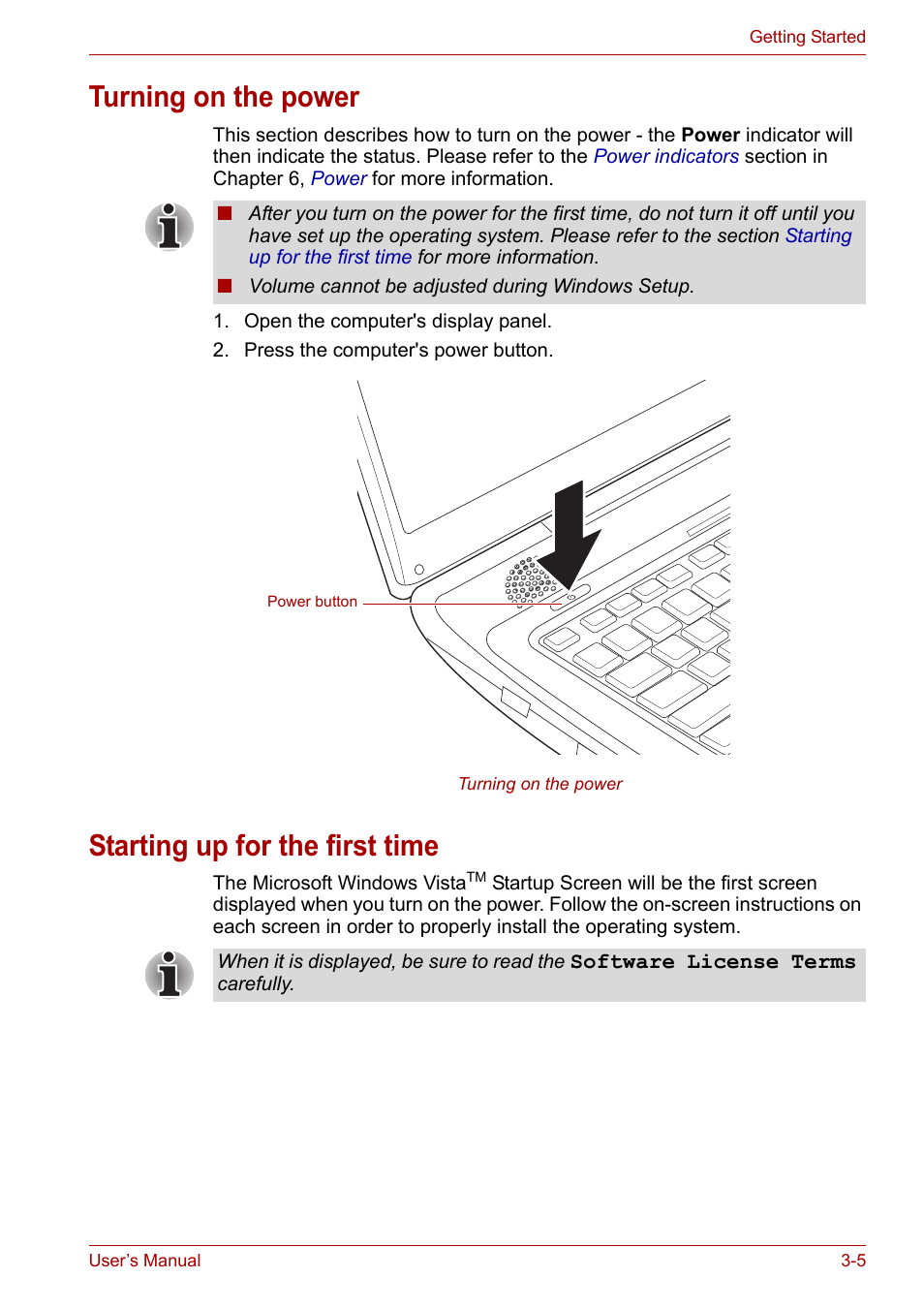 Turning on the power, Starting up for the first time, Starting up for the first | Time | Toshiba Qosmio X300 User Manual | Page 56 / 220