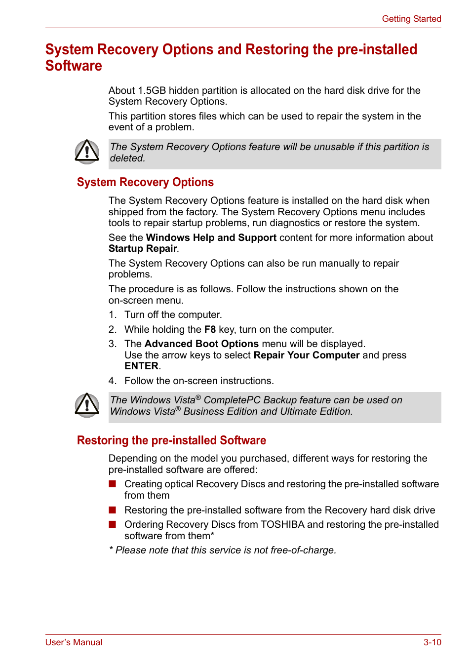 System recovery options, Restoring the pre-installed software | Toshiba Qosmio X300 User Manual | Page 61 / 220