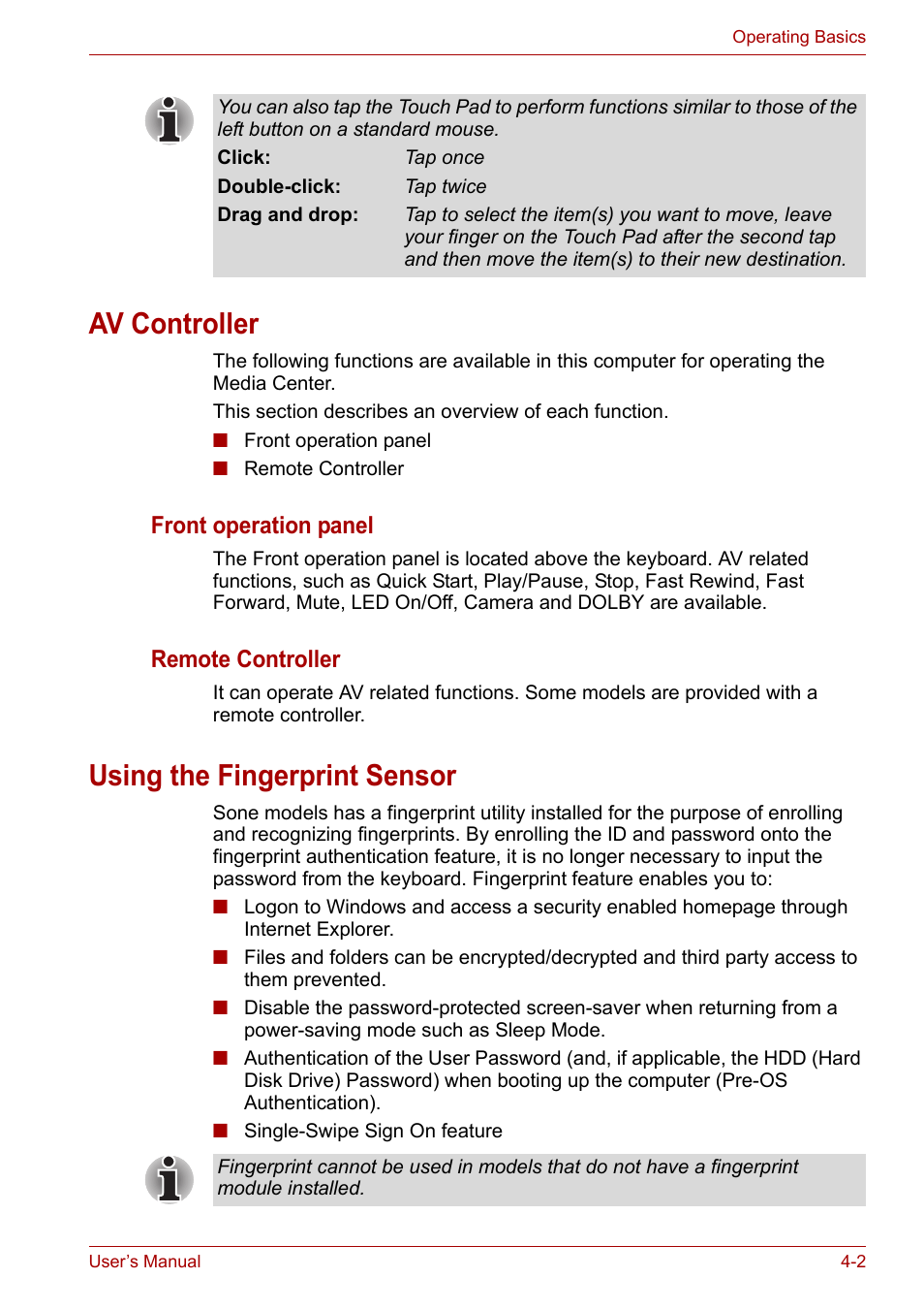 Av controller, Using the fingerprint sensor, Av controller -2 using the fingerprint sensor -2 | Using the, Fingerprint sensor, Some, Front operation panel, Remote controller | Toshiba Qosmio X300 User Manual | Page 67 / 220