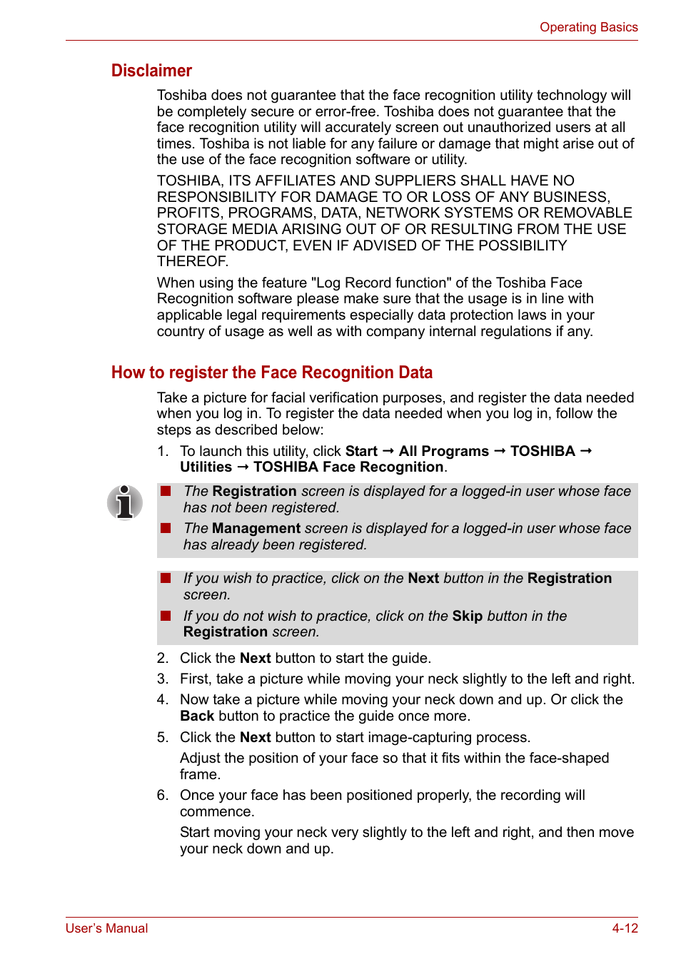 Disclaimer, How to register the face recognition data | Toshiba Qosmio X300 User Manual | Page 77 / 220