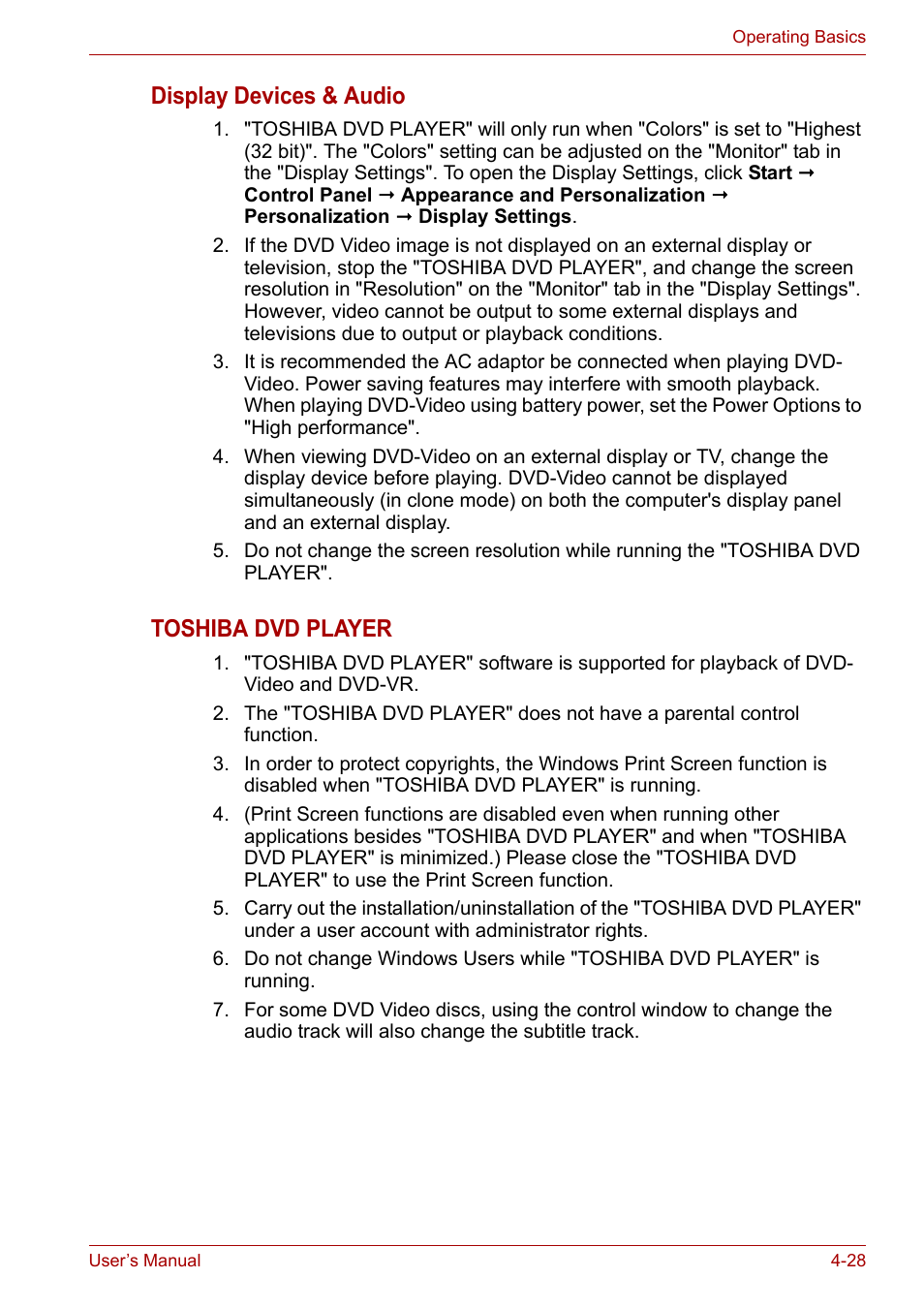 Display devices & audio, Toshiba dvd player | Toshiba Qosmio X300 User Manual | Page 93 / 220