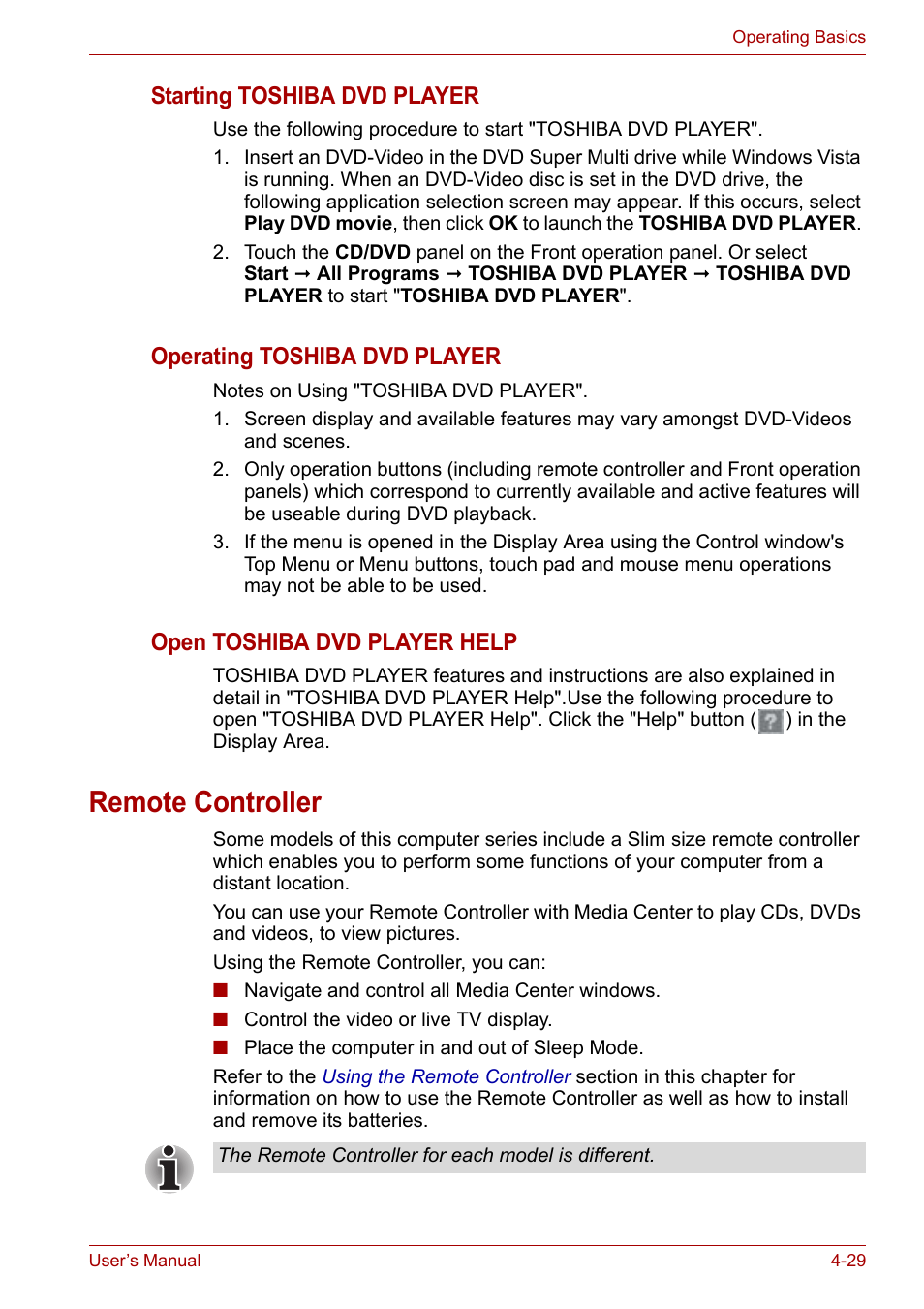 Remote controller, Remote controller -29, Starting toshiba dvd player | Operating toshiba dvd player, Open toshiba dvd player help | Toshiba Qosmio X300 User Manual | Page 94 / 220