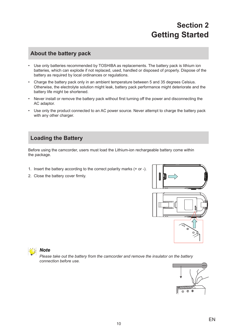 Section 2 getting started, About the battery pack, Loading the battery | About the battery pack loading the battery, Getting started | Toshiba Camileo X150 User Manual | Page 10 / 47