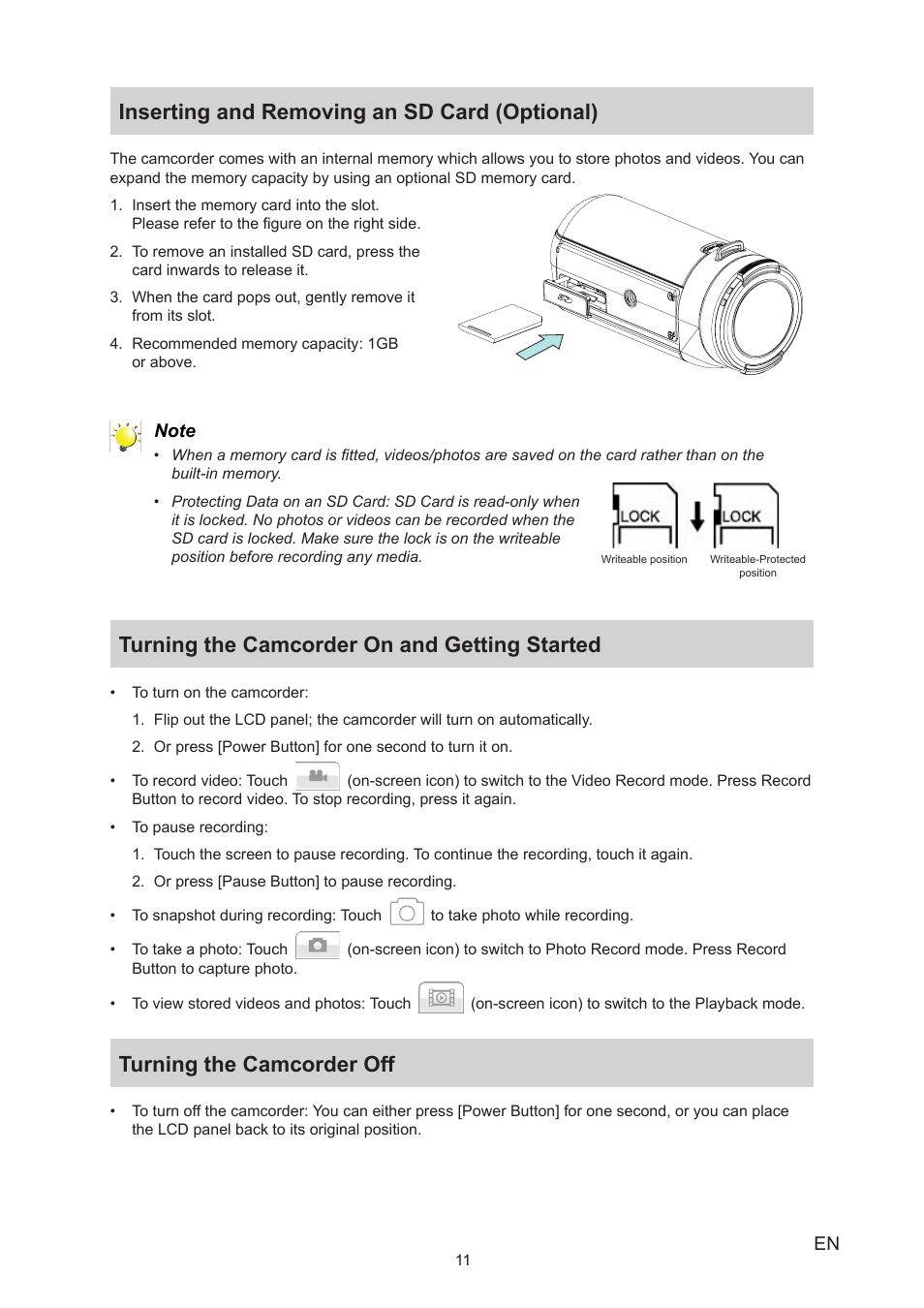 Inserting and removing an sd card (optional), Turning the camcorder on and getting started, Turning the camcorder off | Toshiba Camileo X150 User Manual | Page 11 / 47