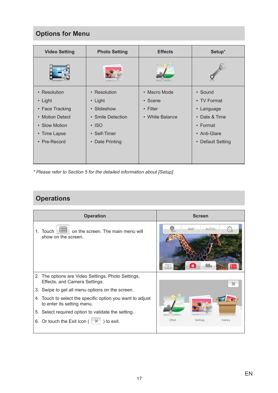 Options for menu, Operations, Options for menu operations | Toshiba Camileo X150 User Manual | Page 17 / 47