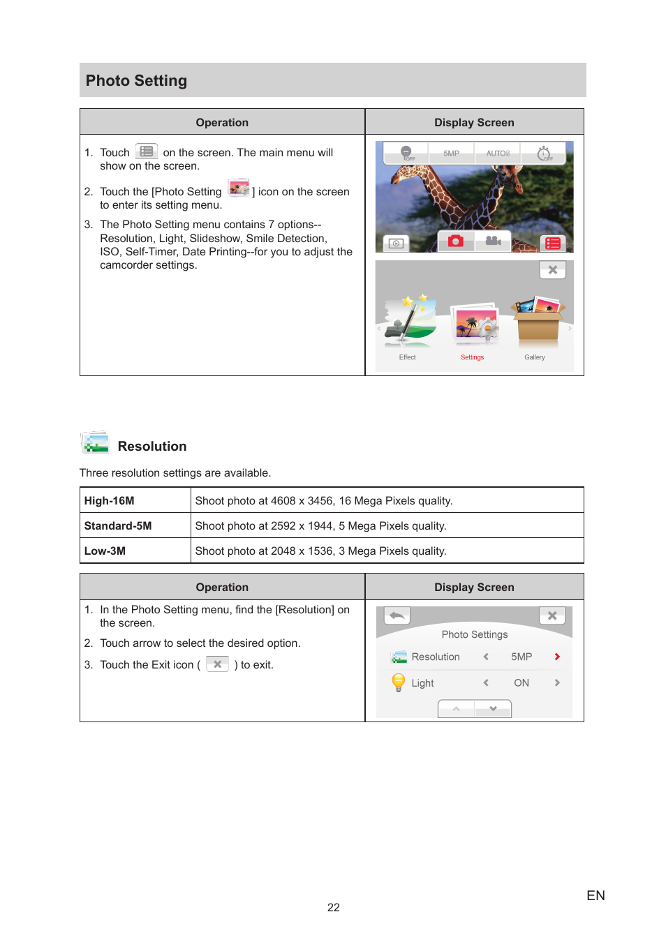 Photo setting | Toshiba Camileo X150 User Manual | Page 22 / 47