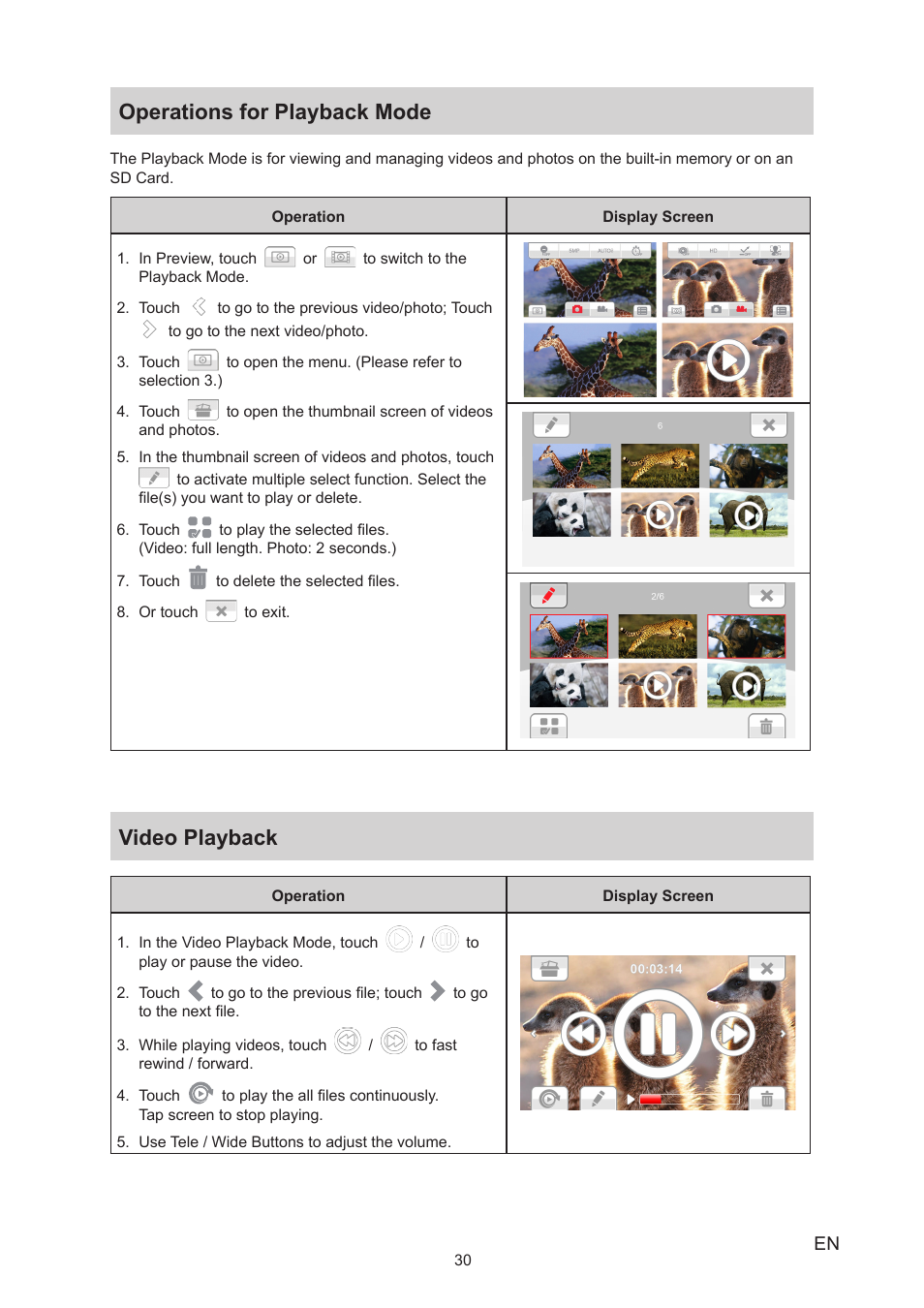 Operations for playback mode, Video playback, Operations for playback mode video playback | Toshiba Camileo X150 User Manual | Page 30 / 47