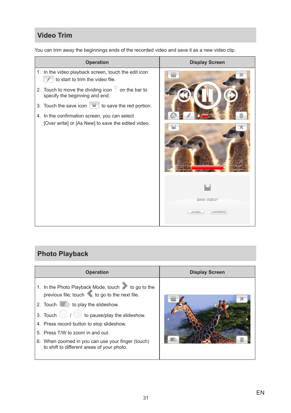 Video trim, Photo playback, Video trim photo playback | Toshiba Camileo X150 User Manual | Page 31 / 47