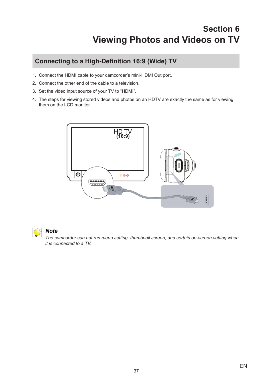 Section 6 viewing photos and videos on tv, Connecting to a high-definition 16:9 (wide) tv, Viewing photos and videos on tv | Toshiba Camileo X150 User Manual | Page 37 / 47