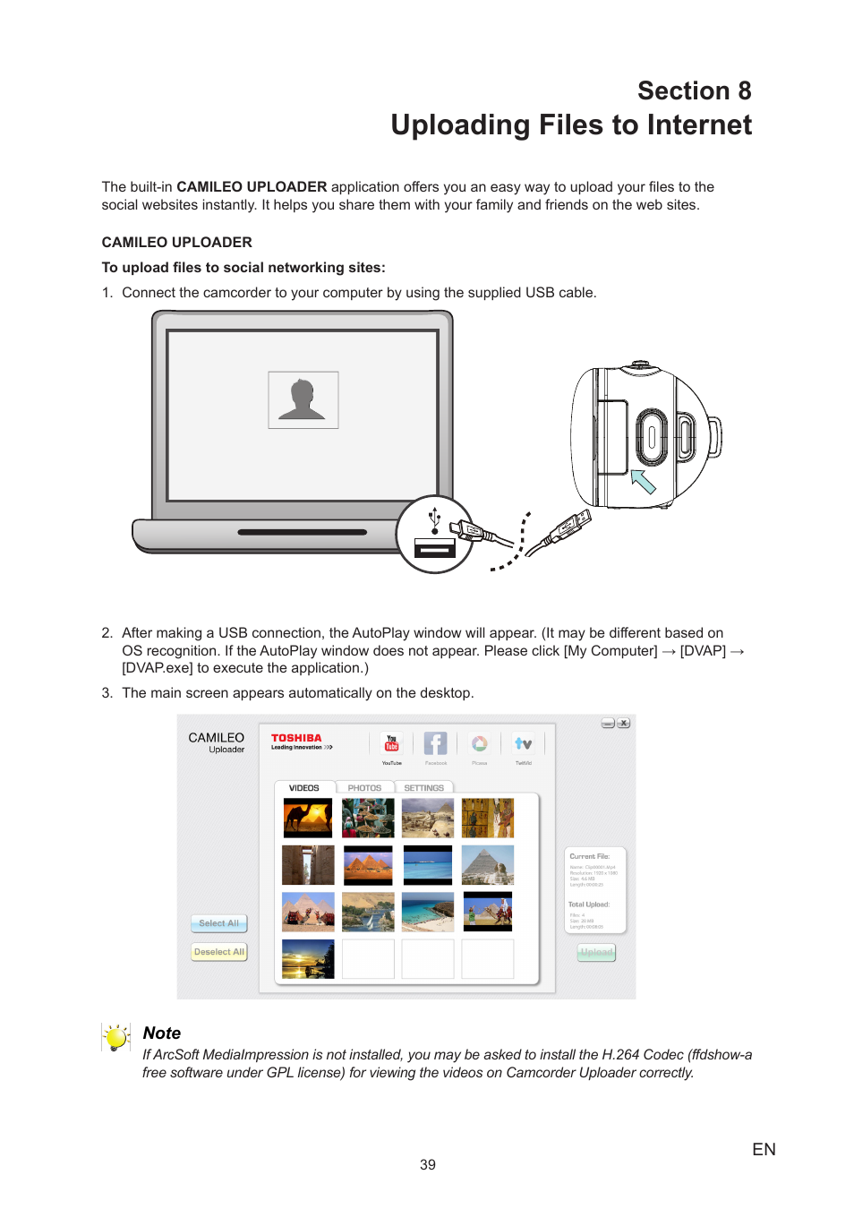 Section 8 uploading files to internet, Uploading files to internet | Toshiba Camileo X150 User Manual | Page 39 / 47