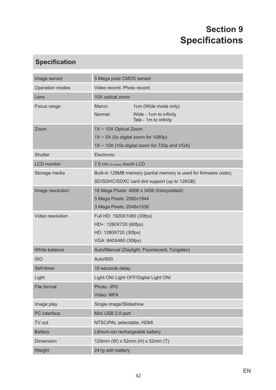 Section 9 specifications, Specifications, Specification | Toshiba Camileo X150 User Manual | Page 42 / 47