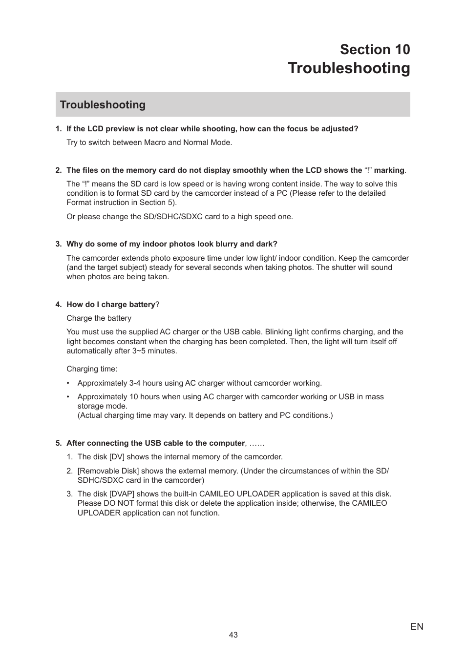 Section 10 troubleshooting, Troubleshooting | Toshiba Camileo X150 User Manual | Page 43 / 47