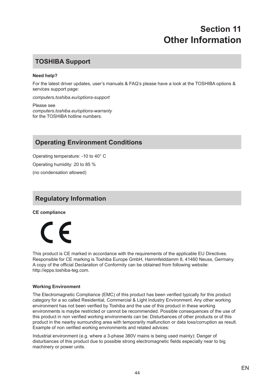 Section 11 other information, Toshiba support, Operating environment conditions | Regulatory information, Other information | Toshiba Camileo X150 User Manual | Page 44 / 47