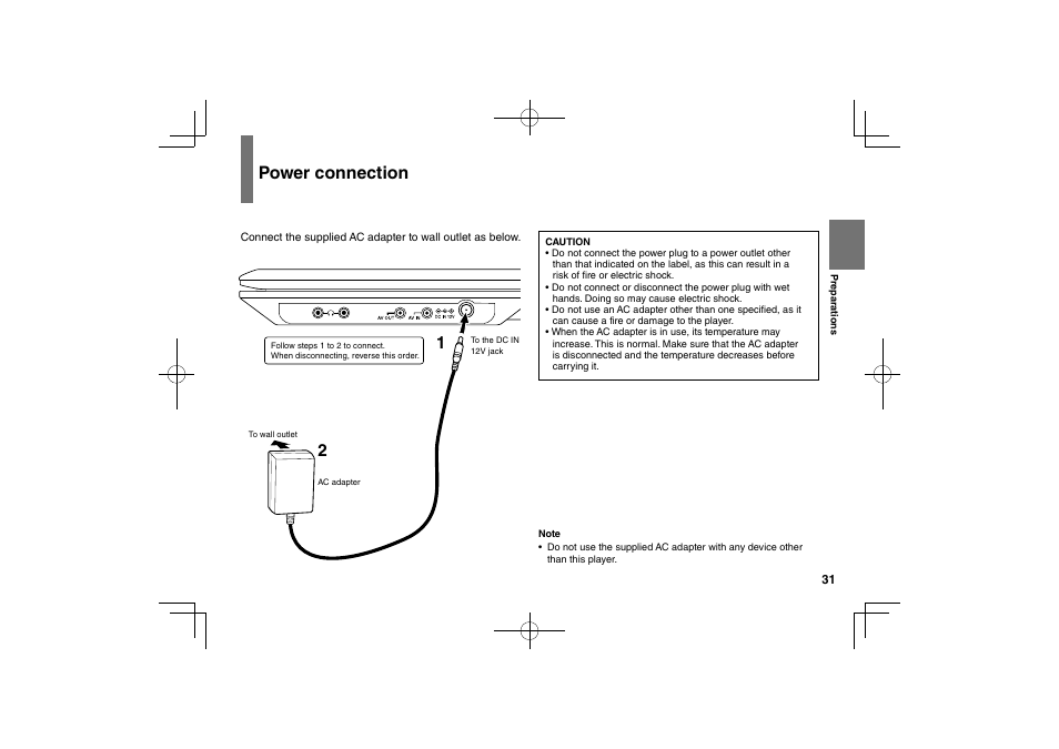 Power connection | Toshiba SDP94D User Manual | Page 31 / 100