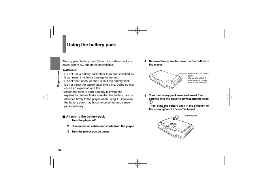 Using the battery pack | Toshiba SDP94D User Manual | Page 32 / 100