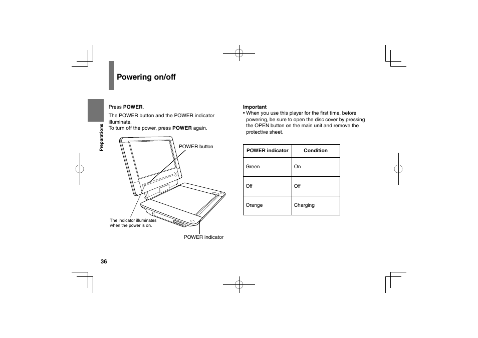 Powering on/off | Toshiba SDP94D User Manual | Page 36 / 100