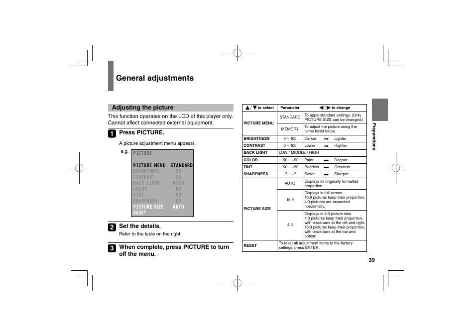 General adjustments, Adjusting the picture | Toshiba SDP94D User Manual | Page 39 / 100