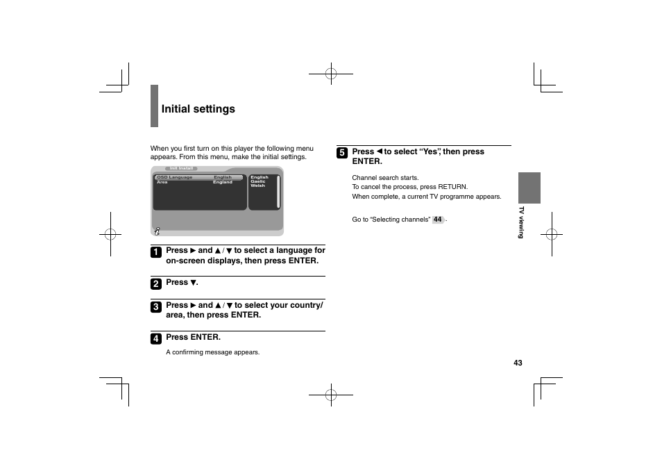 Initial settings | Toshiba SDP94D User Manual | Page 43 / 100