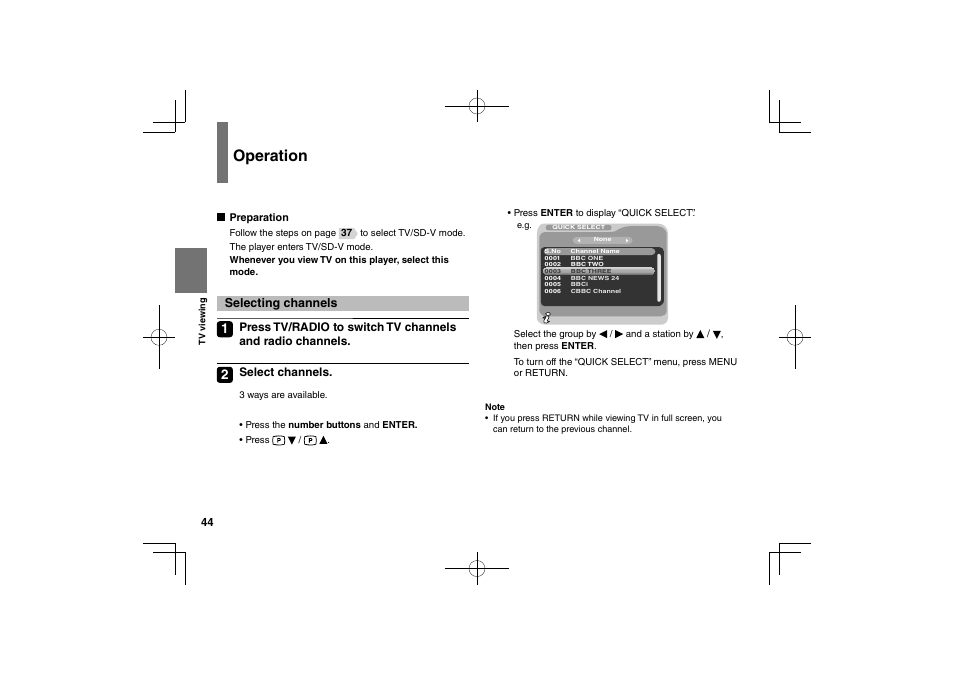 Operation, Selecting channels | Toshiba SDP94D User Manual | Page 44 / 100