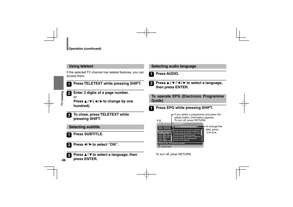 Using teletext, Selecting subtitle, Selecting audio language | Toshiba SDP94D User Manual | Page 46 / 100