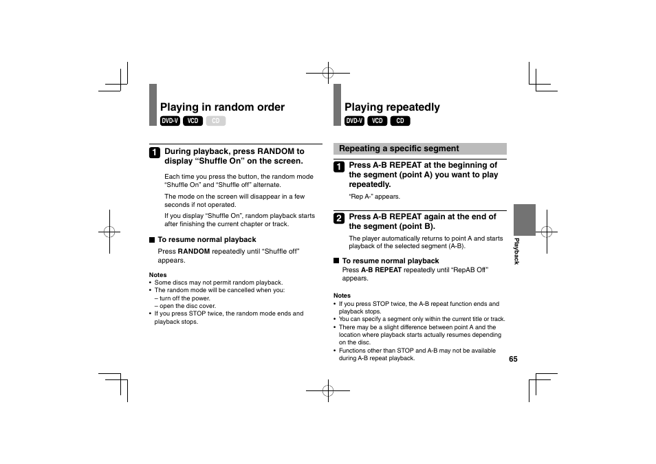 Playing in random order, Playing repeatedly | Toshiba SDP94D User Manual | Page 65 / 100