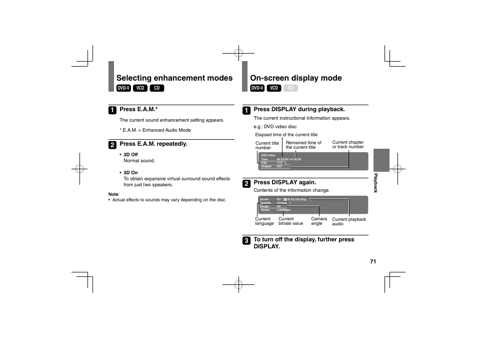 Selecting enhancement modes, On-screen display mode | Toshiba SDP94D User Manual | Page 71 / 100