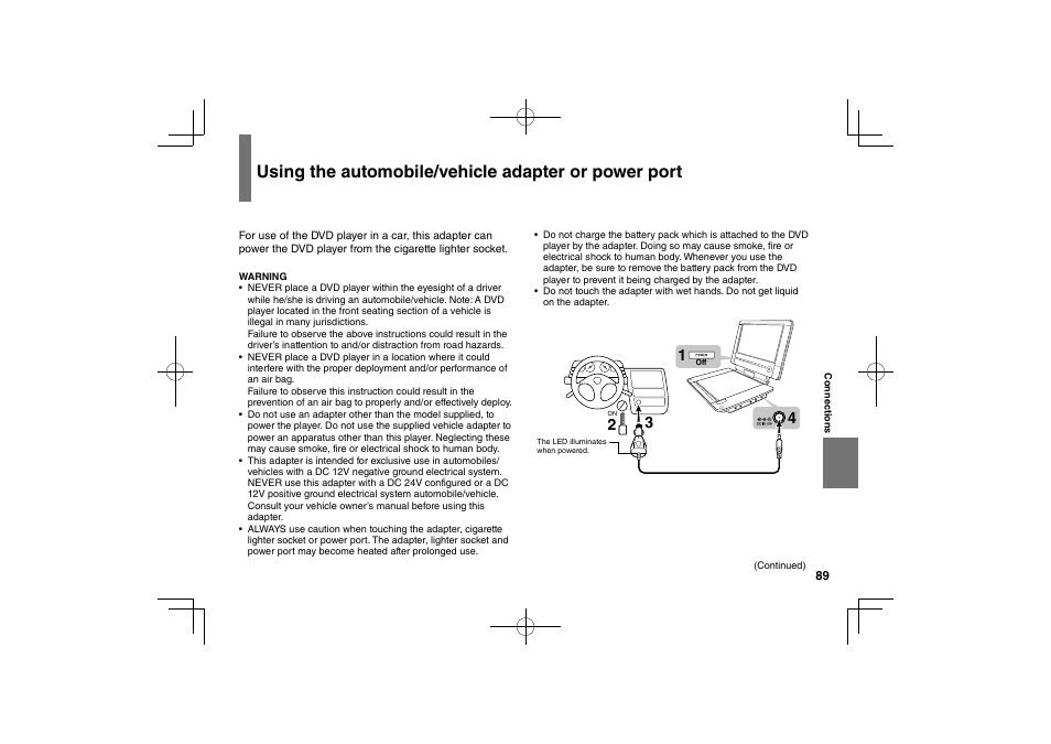 Using the automobile/vehicle adapter or power port | Toshiba SDP94D User Manual | Page 89 / 100