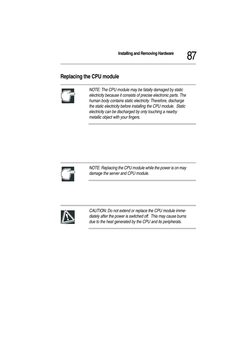 Replacing the cpu module, 2 unplug the power cable, 3 remove the server panels | Toshiba Magnia Z300 User Manual | Page 109 / 272