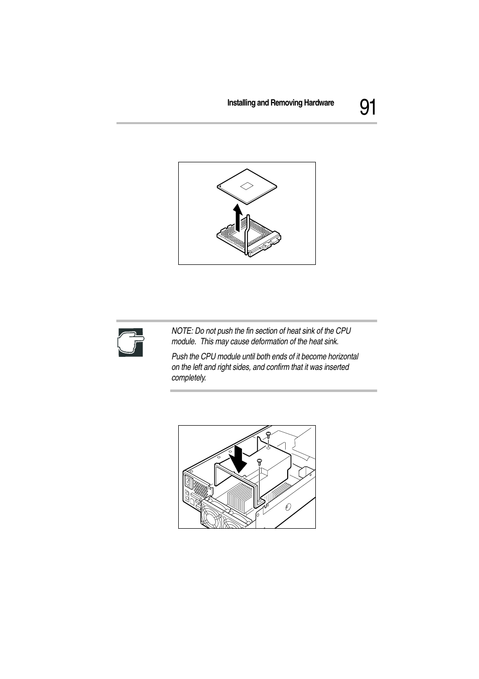 9 remove the cpu module, Removing the cpu module, 11 install the fan duct and fix it with two screws | Installing the fan duct | Toshiba Magnia Z300 User Manual | Page 113 / 272