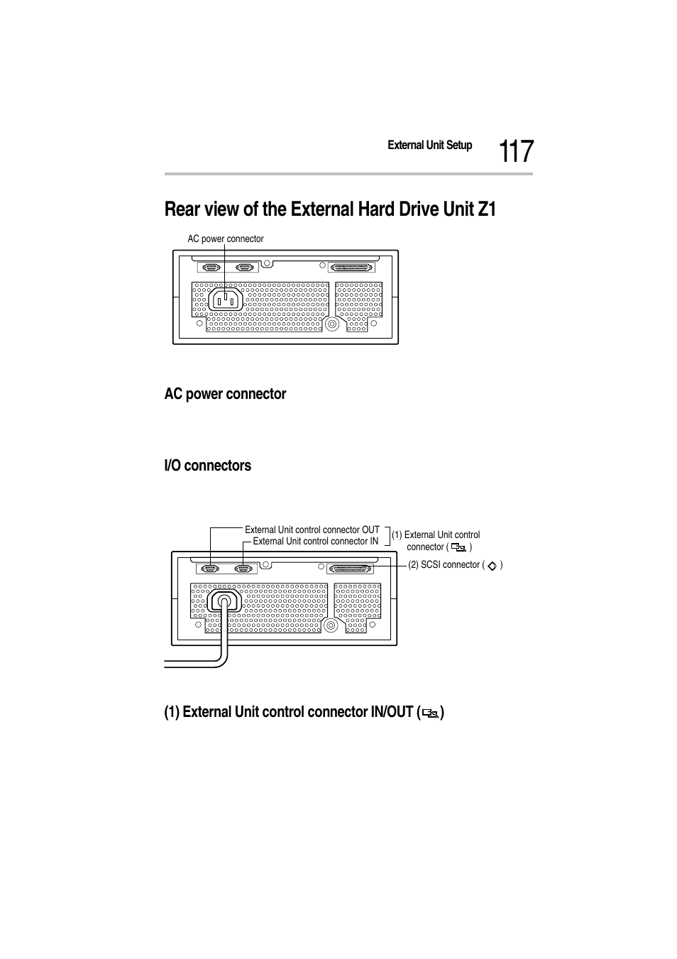 Rear view of the external hard drive unit z1, Ac power connector, I/o connectors | 1) external unit control connector in/out () | Toshiba Magnia Z300 User Manual | Page 139 / 272