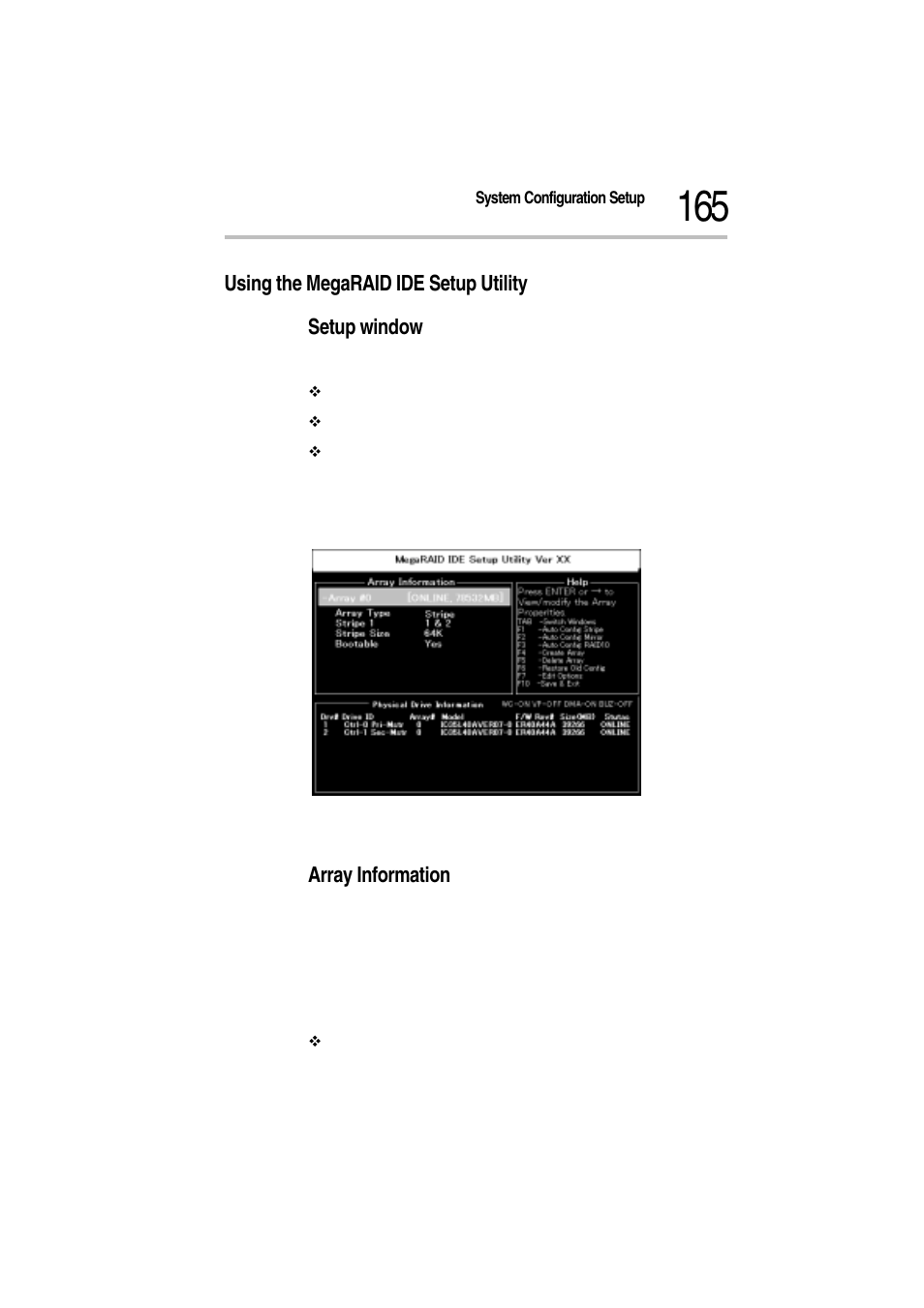 Using the megaraid ide setup utility, Setup window, Array information | Using the megaraid ide setup utility setup window | Toshiba Magnia Z300 User Manual | Page 187 / 272