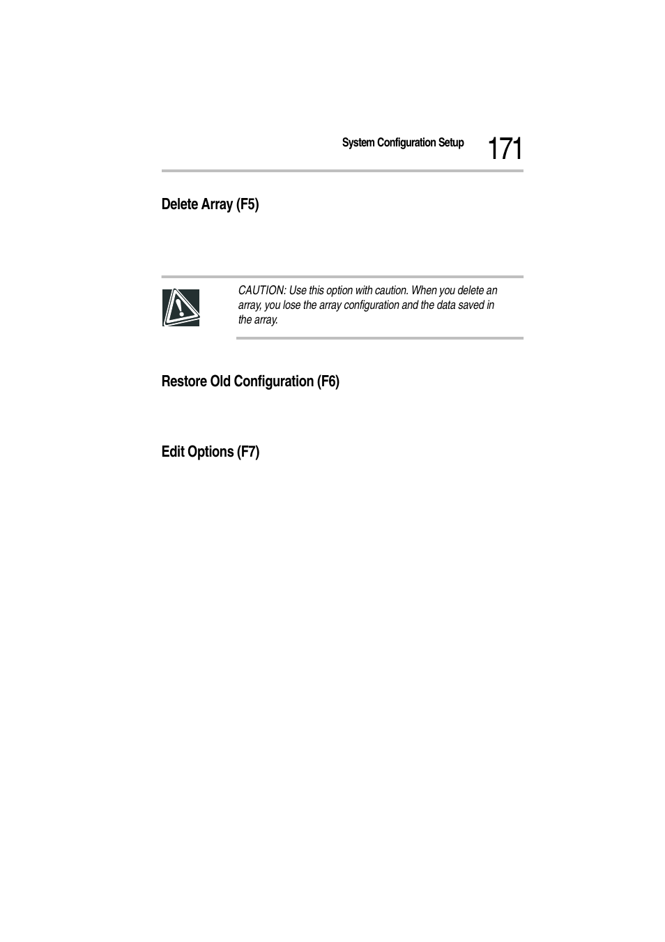 Delete array (f5), Restore old configuration (f6), Edit options (f7) | Toshiba Magnia Z300 User Manual | Page 193 / 272