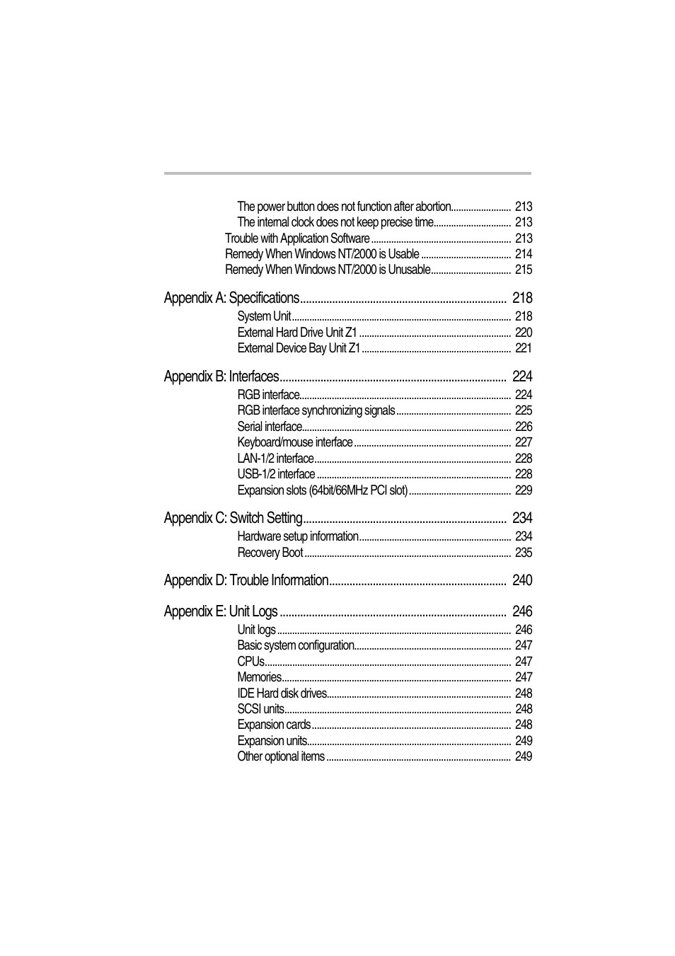 Appendix a: specifications 218, Appendix b: interfaces 224, Appendix c: switch setting 234 | Appendix d: trouble information 240, Appendix e: unit logs 246 | Toshiba Magnia Z300 User Manual | Page 21 / 272