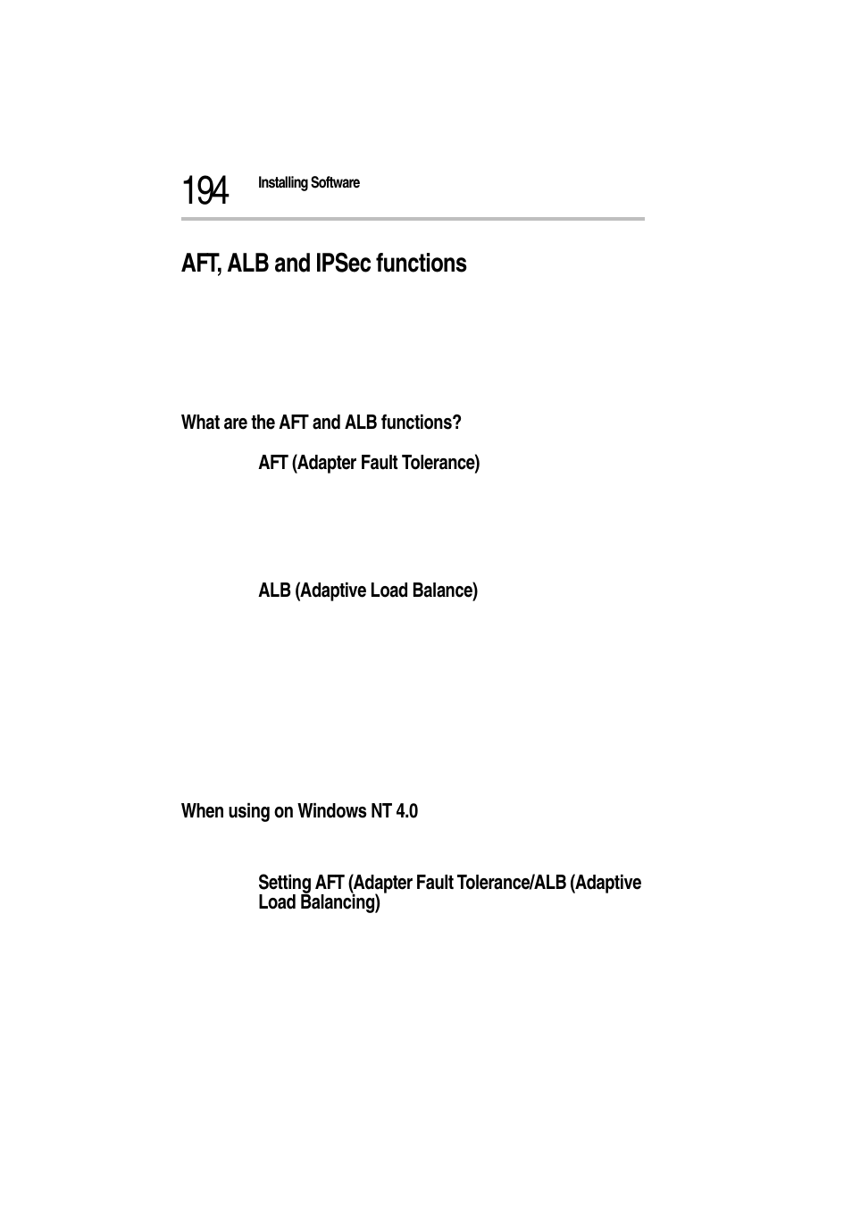 Aft, alb and ipsec functions, What are the aft and alb functions, Aft (adapter fault tolerance) | Alb (adaptive load balance), When using on windows nt 4.0 | Toshiba Magnia Z300 User Manual | Page 216 / 272