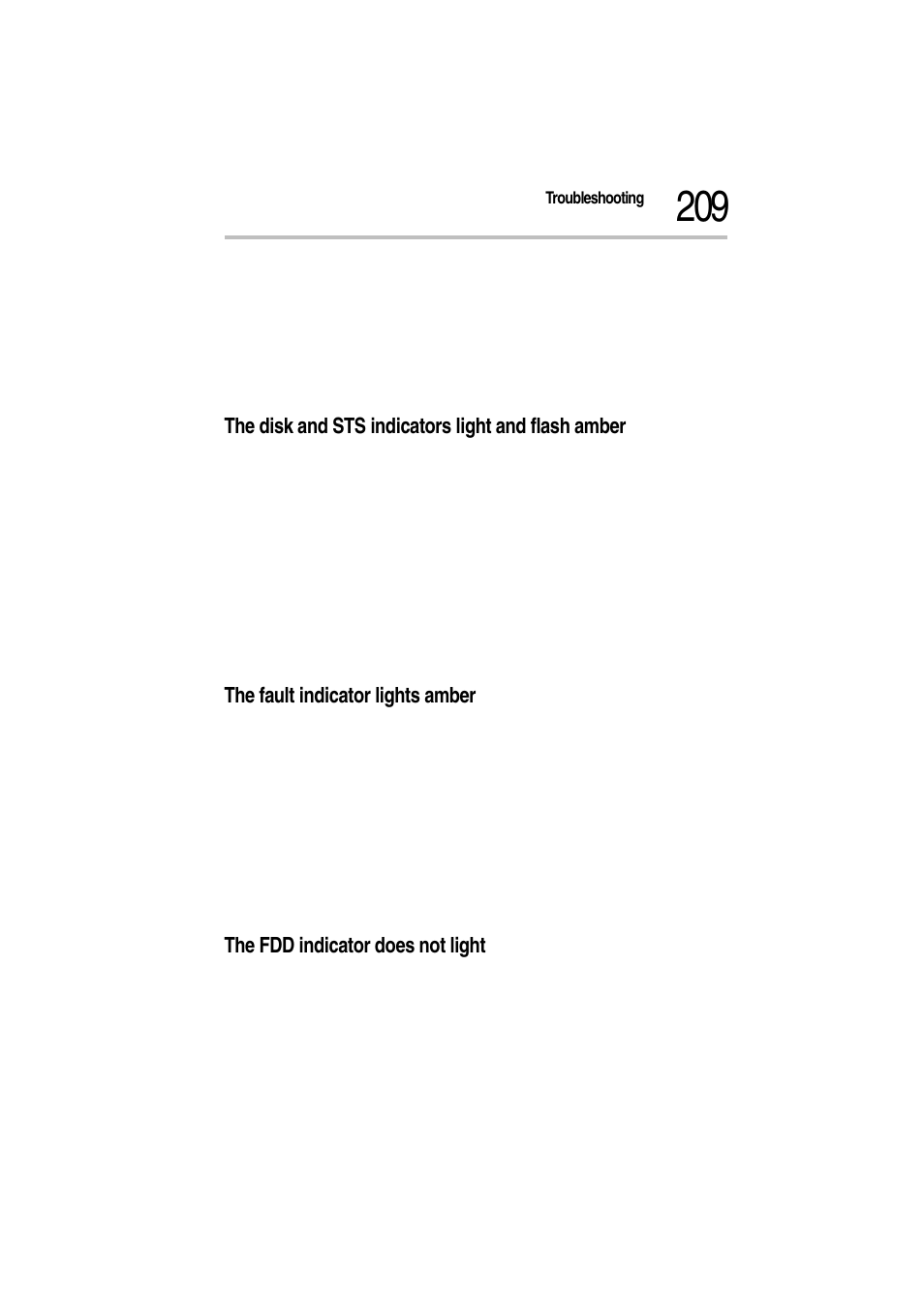 The disk and sts indicators light and flash amber, The fault indicator lights amber, The fdd indicator does not light | Toshiba Magnia Z300 User Manual | Page 231 / 272