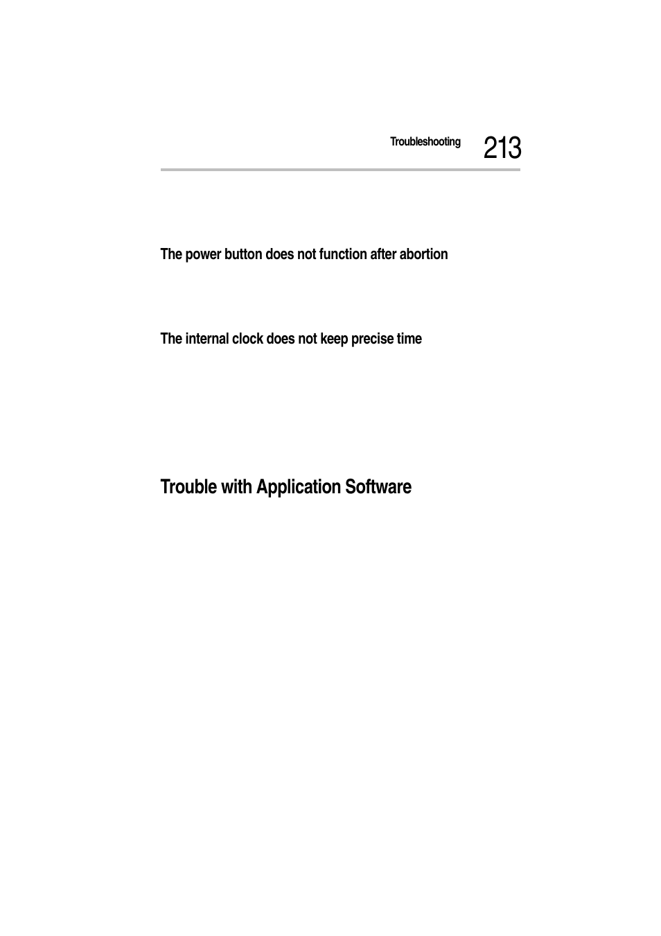 The power button does not function after abortion, The internal clock does not keep precise time, Trouble with application software | 2 is the software a certified copy or the master | Toshiba Magnia Z300 User Manual | Page 235 / 272